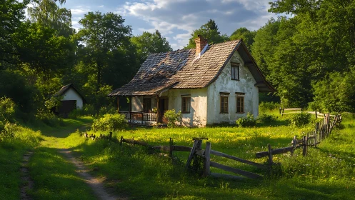 Sunlit forest cottage cradled in wildflower meadows of green.