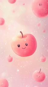 Smiling pink apples floating in a dreamy pastel sky.