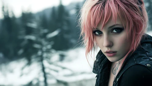 Pink haired woman in black jacket against snowy forest.