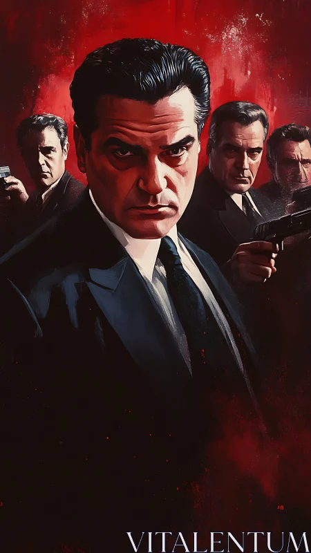 Centralized mafia boss portrait with chiaroscuro lighting and guns