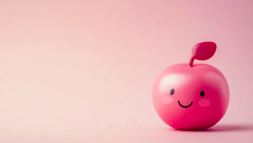 Pink cartoon apple object against plain pastel background.