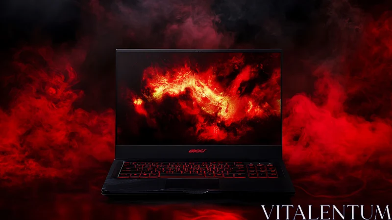 Fiery gaming laptop glows boldly in swirling red smoke