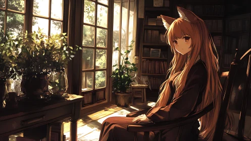 Fox eared girl in wooden library room with window light.