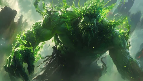 Verdant titan emerging through toxic storm of ruins.