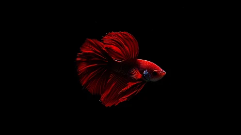 Scarlet betta ballerina twirls through velvet-black silence.