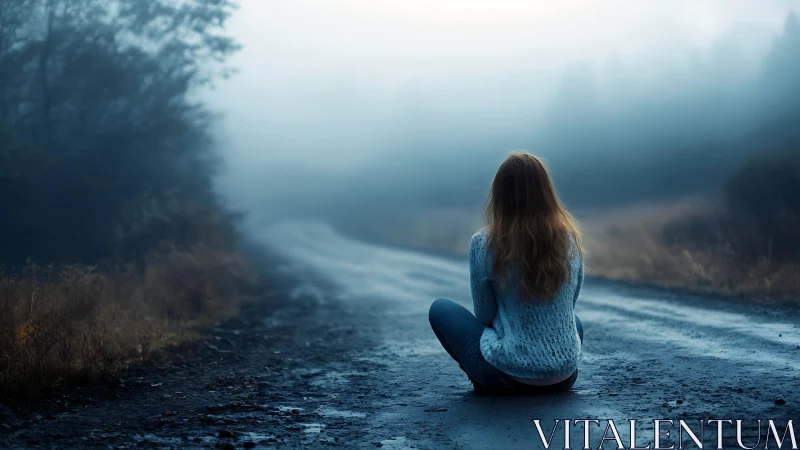 Person seated on wet rural road in dense morning fog.