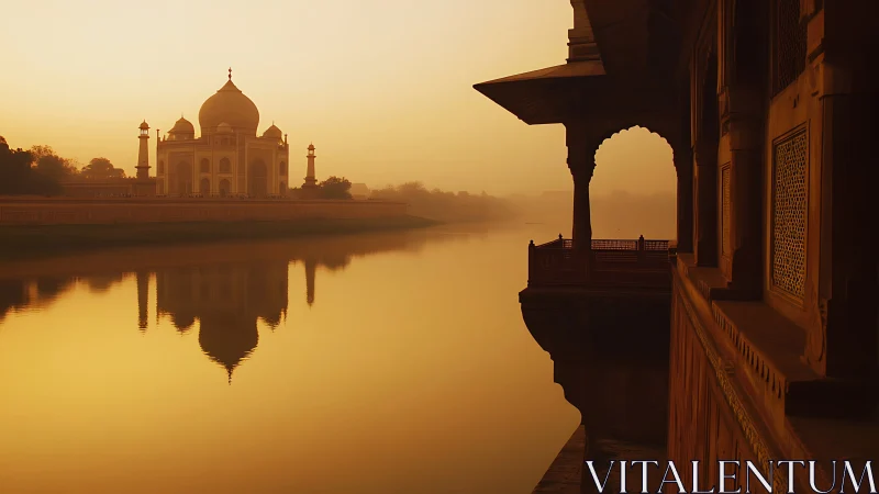 Golden river hush around a mist-veiled marble mausoleum.