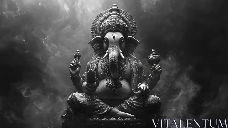 Monochrome Ganesh statue sits centered in dense surrounding smoke