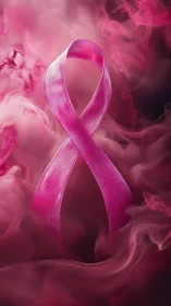Pink awareness ribbon rises amid swirling pink smoke