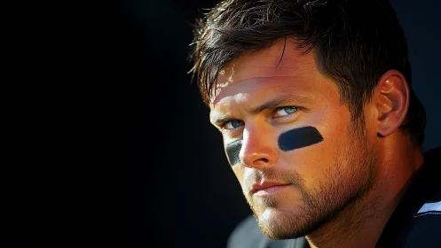 Intense football player portrait under dramatic sideline light.
