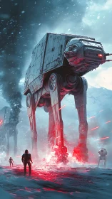 Colossal ice walkers stride through a storm of red light.