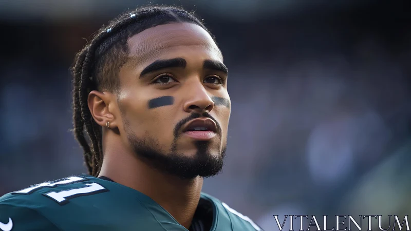 Close up of focused American football player on field.