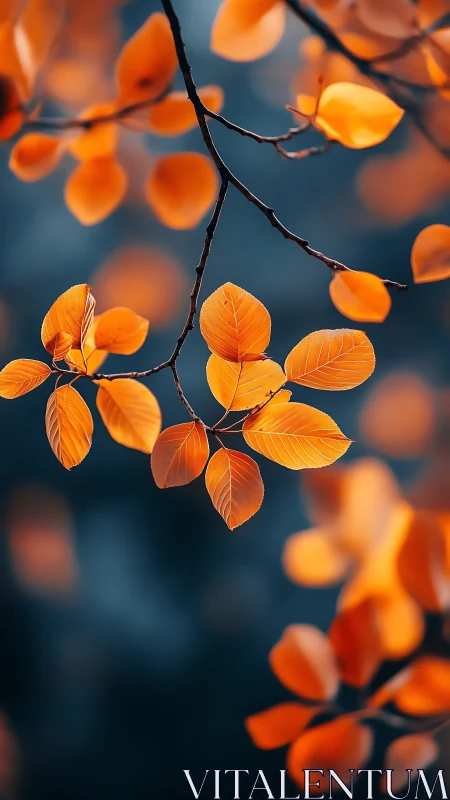 Golden autumn leaves drifting against soft blue hush.