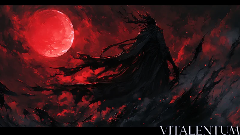 Blood-red lunar eclipse over silhouetted wraith figure