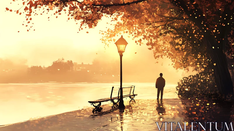 Golden lakeside sunset walk under glowing autumn trees.