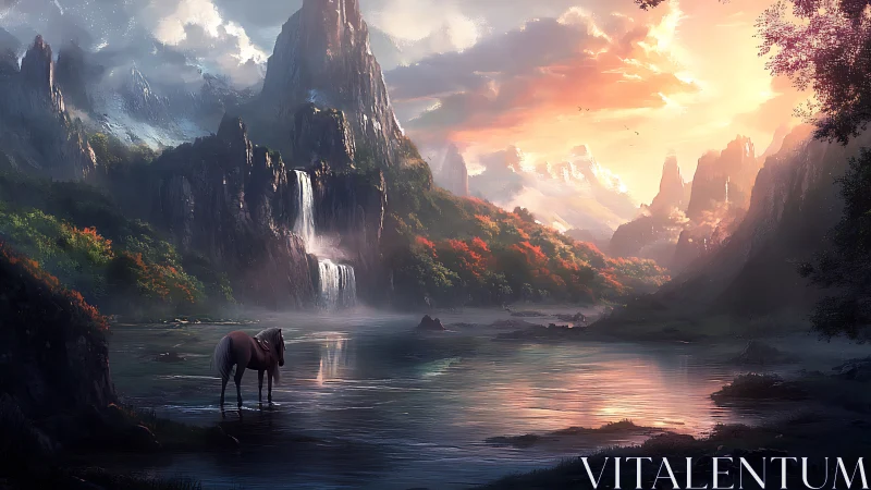 Horse stands in reflective river below multi-tier waterfall