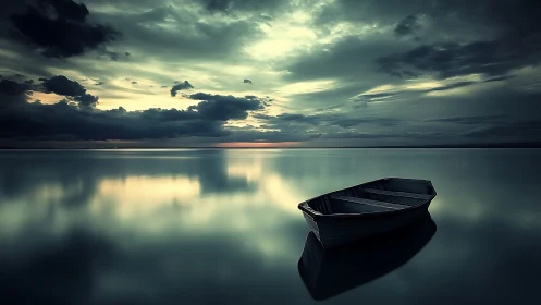Solitary rowboat rests on glassy twilight lake beneath storms