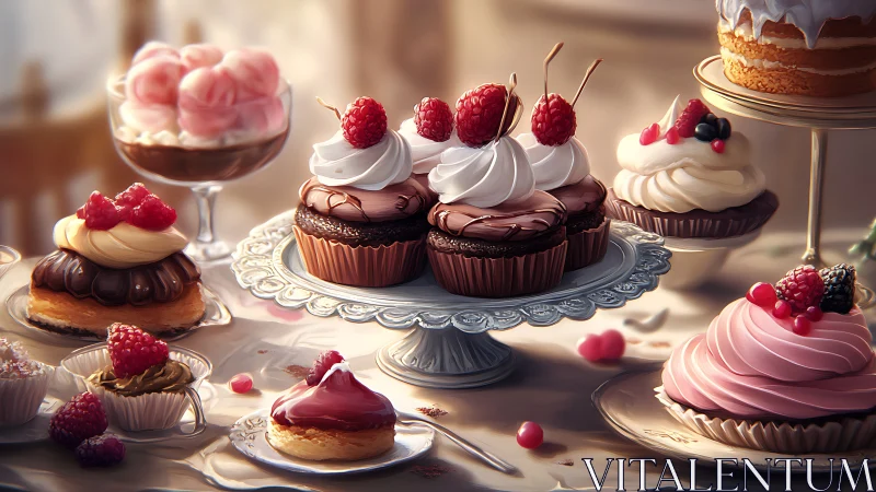 Arrangement of chocolate and fruit-topped confections with decorative plating.