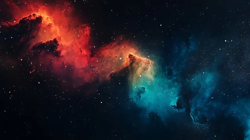 Image shows red and blue interstellar gas clouds with star field