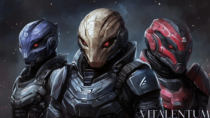 Triad of armored sci fi soldiers in detailed exosuits.