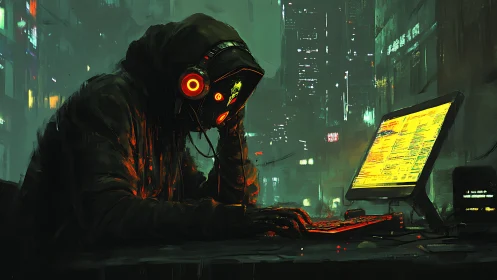 Cyberpunk hacker studies neon data streams in midnight rain.