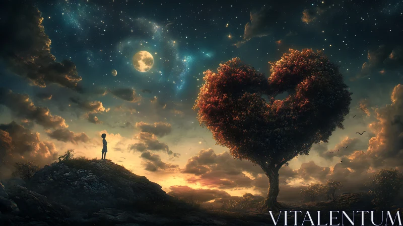 Solitary Figure Beneath Heart-Shaped Tree Under Moonlit Sky.