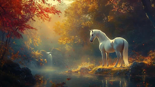 White horse stands beside calm forest river at sunrise