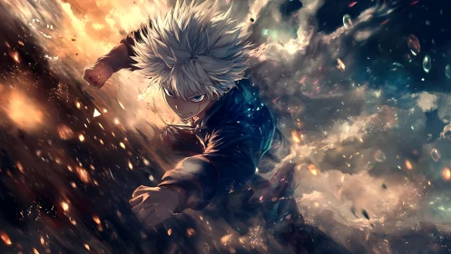 Storm-charged anime fighter detonates through burning clouds.