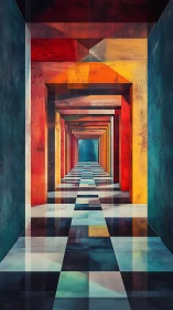 Geometric corridor with colorful arches and reflections.