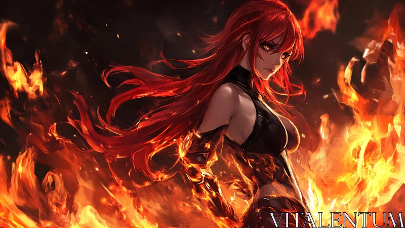 Red haired female figure surrounded by dynamic flames.