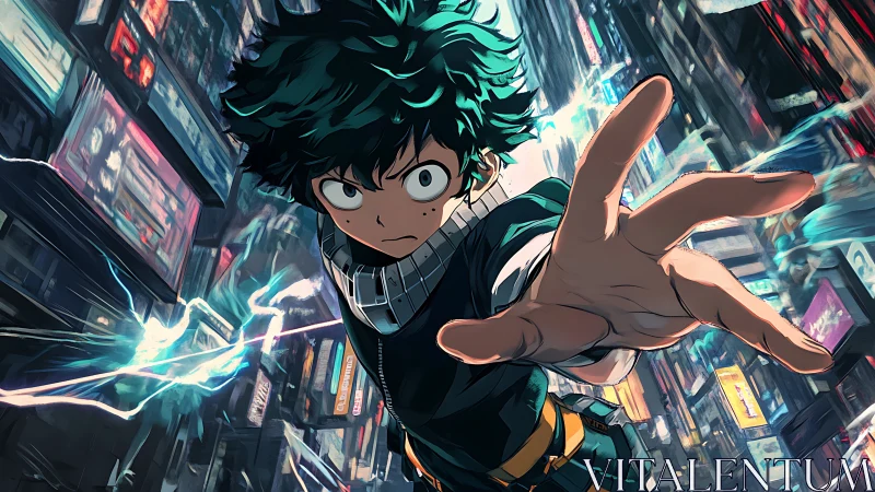 Young hero surges forward through a neon city night.