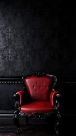 Red leather armchair stands against dark textured wall
