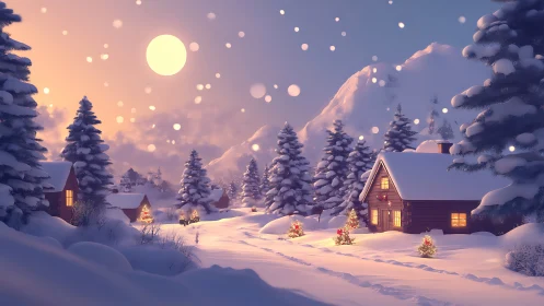 Snow-laden cabins under soft volumetric moonlight in alpine valley