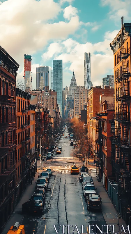 Sunlit city canyon where wet streets mirror rising towers.