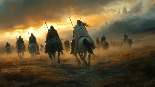 Riders on horseback advance toward distant misty citadel.