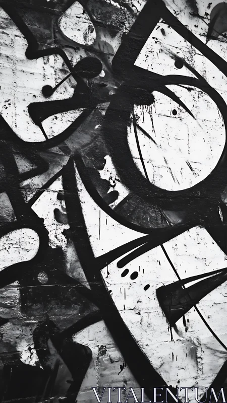 Monochrome graffiti abstraction on distressed brick wall surface.