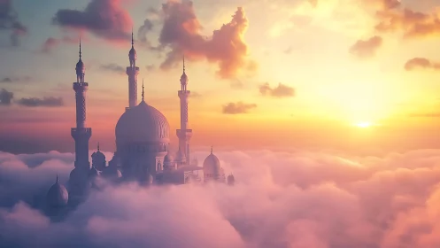 Sunlit mosque towers rise through glowing pastel cloud sea