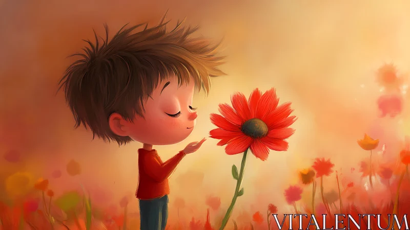 Soft backlit child profile studies oversized red flower in field