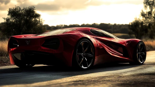 Sunset predator supercar stalking an empty country road.