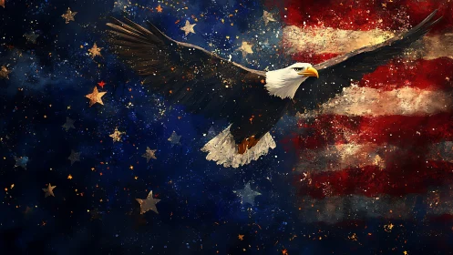 Bald eagle in flight over textured US flag background.