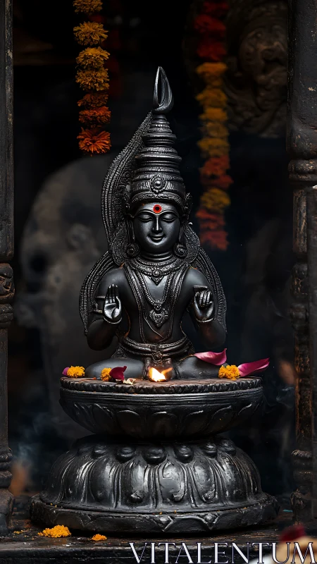 Bronze Hindu deity statue with oil lamp and flower petals.