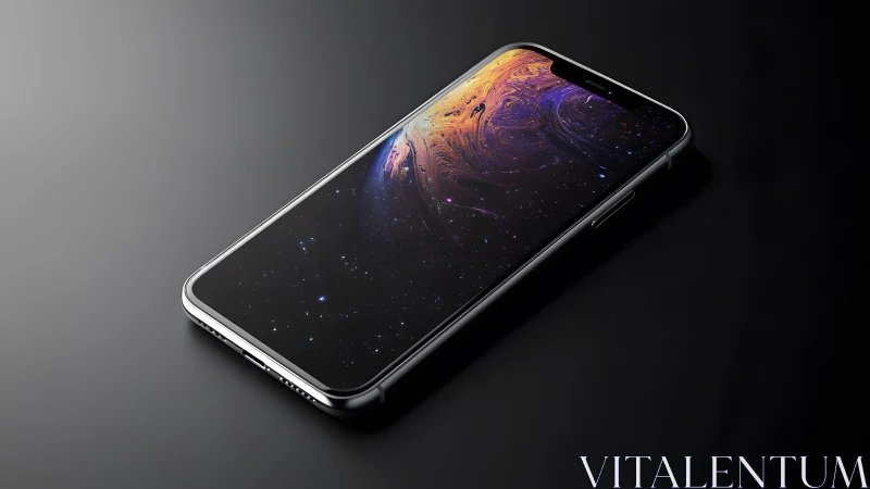 Modern smartphone with vibrant display on dark reflective surface.