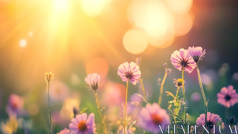 Pink wildflowers in soft focus under strong backlighting.