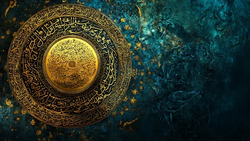 Ornate circular Arabic calligraphy on teal textured field.