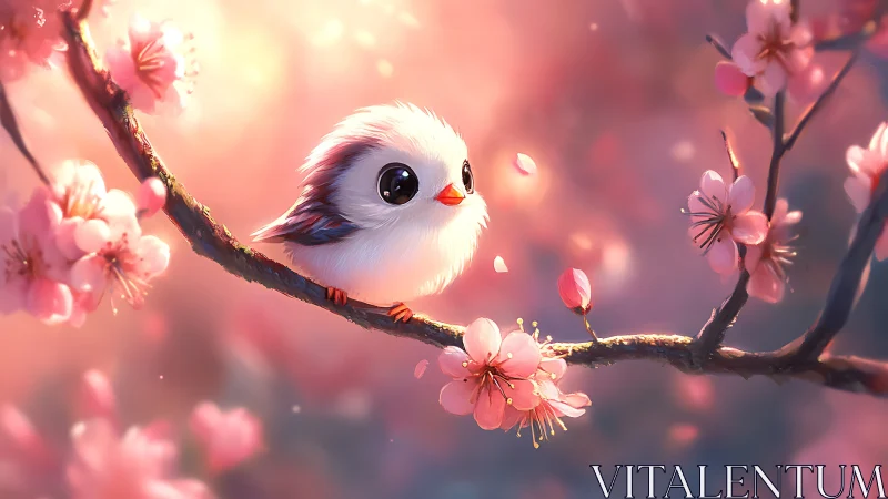 Tiny white songbird rests on cherry blossom branch softly