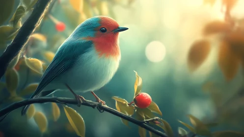 Vibrant Robin Perched on Branch in Soft-Focus Nature Scene.