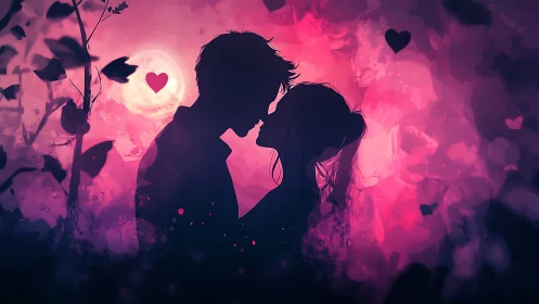 Silhouetted Couple Against Luminescent Moon with Heart Motifs