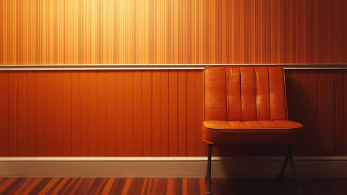 Cozy orange chair resting in a softly glowing retro nook.