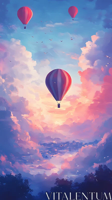 Vertical skyscape with hot air balloons in luminous clouds.