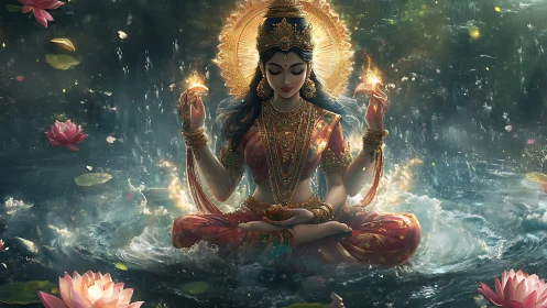 Goddess of liquid starlight meditates in a storm of lotus